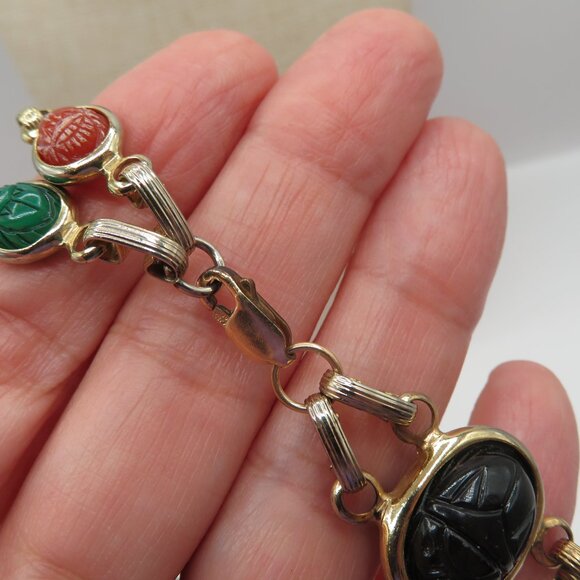 Egyptian Revival Double Strand Scarab Gold Tone Bracelet - Picture 9 of 13